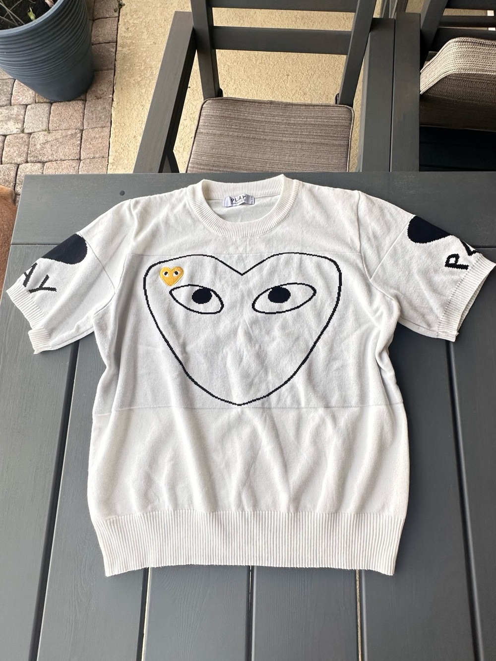 Comme des Garçons PLAY White Heart-Eye Knit Short Sleeve Sweater Sz  range M-L